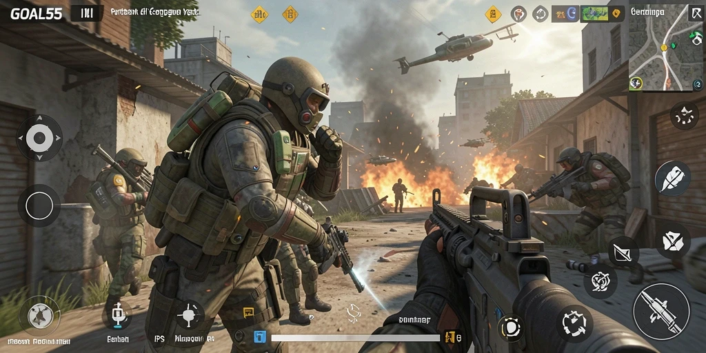 Tampilan gameplay menegangkan dalam GOAL55 dengan aksi FPS yang intens.