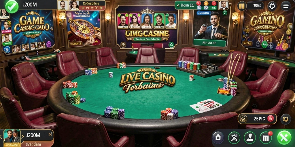 Screenshot J200M menampilkan dealer langsung di meja roulette, menciptakan suasana kasino yang mengasyikkan.