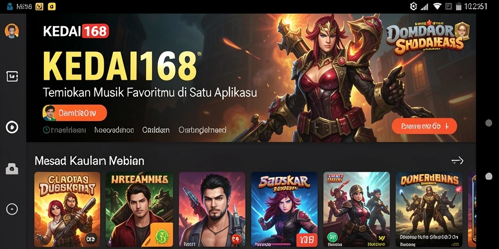Tampilan antarmuka KEDAI168 dengan fitur musik yang menarik.