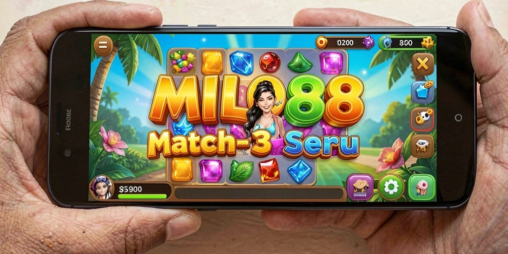 Screenshot utama MILO88 menampilkan gameplay Match-3 yang penuh warna.