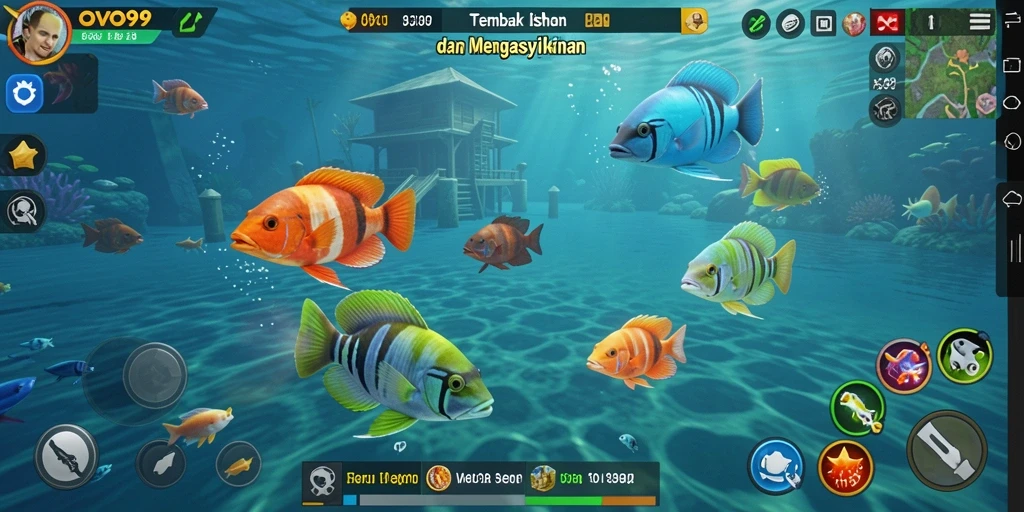 Screenshot gameplay OVO99, menunjukkan aksi Tembak Ikan yang mengasyikkan.