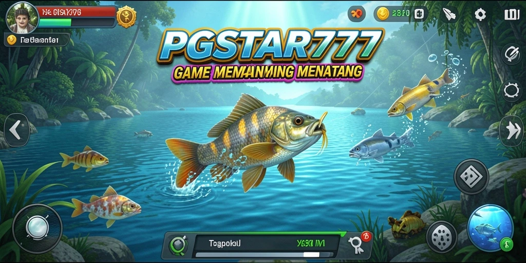 Screenshot PGSTAR777 menampilkan pemain menangkap ikan besar di lokasi berwarna-warni.