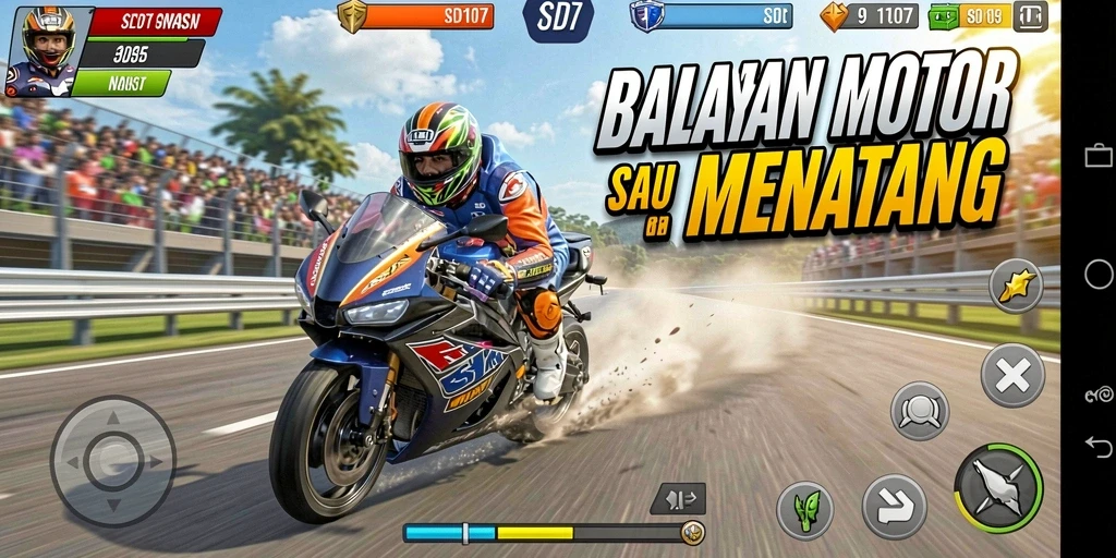 Tampilan gameplay seru di SD107 saat balapan motor.