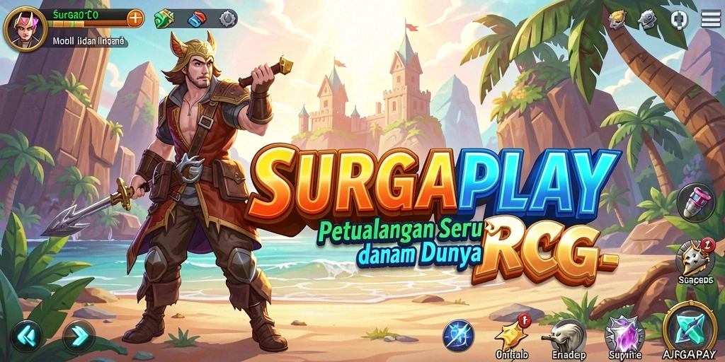 Tampilan permainan SURGAPLAY yang epik dengan berbagai karakter dan lokasi.