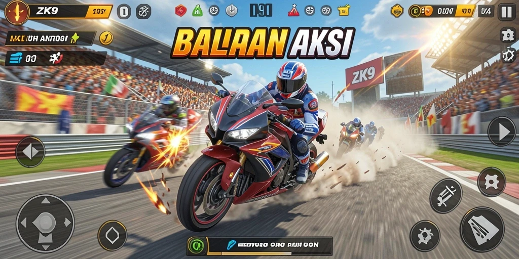 Screenshot gameplay <strong>ZK9</strong> menampilkan balapan motor yang mendebarkan dan cepat.